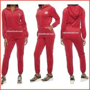 Juicy Couture Red Velour Long Sleeve Hooded Jumpsuit ~Large ~ New $129